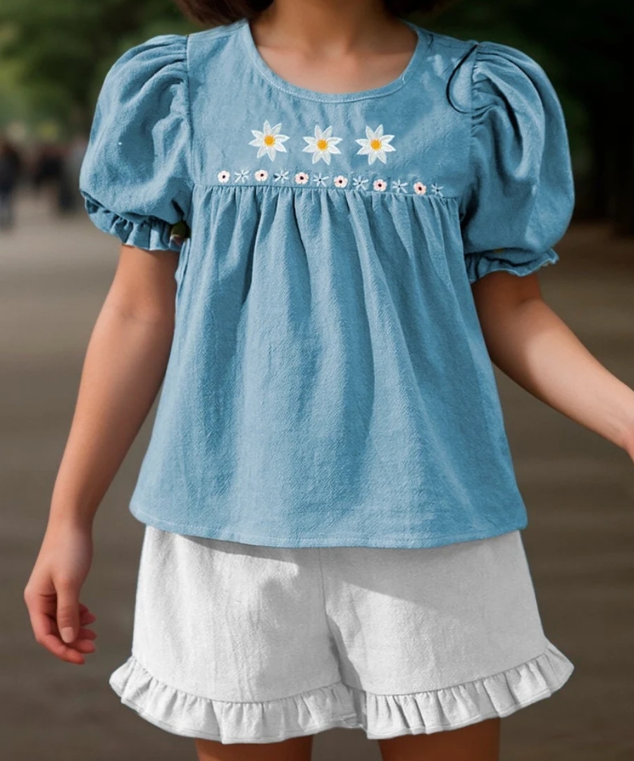 Lilu Set: Conjunto de Blusa Abullonada + short de Volantes